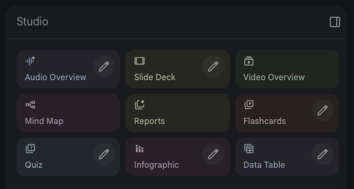 NotebookLM Studio panel showing all output options