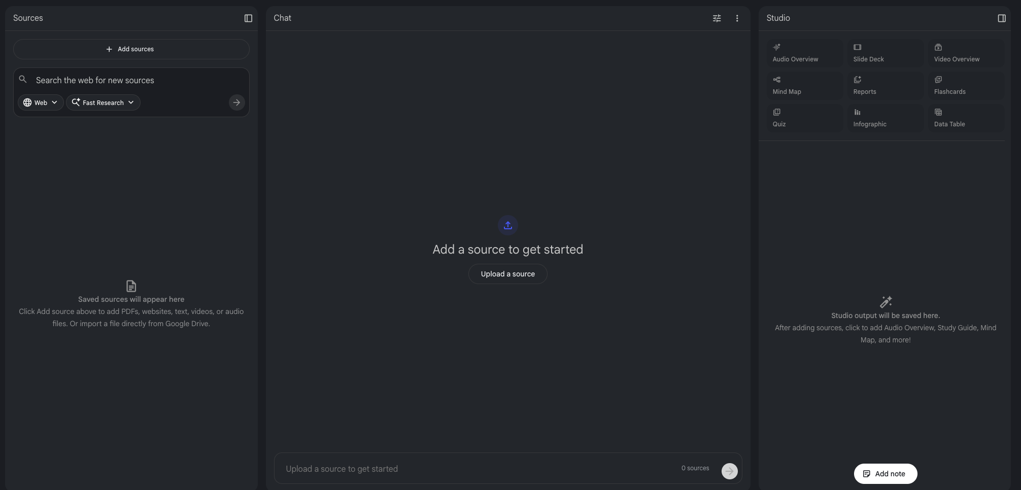 NotebookLM three-panel interface — Sources, Chat, and Studio panels